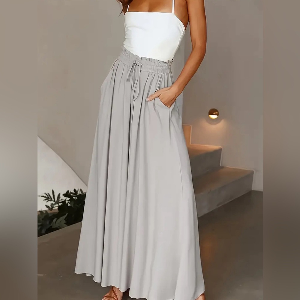 Gray Boho Lace Up Wide Leg Pants